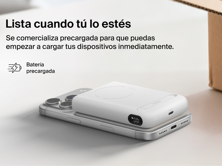 Belkin UltraCharge Pro Power Bank 10K with magnetic ring shown attached to a smartphone, highlighting a precharged battery and ready-to-use portable wireless charging straight out of the box.